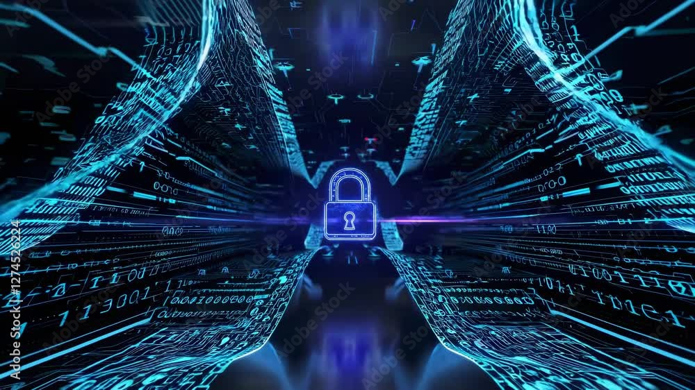 Poster binary streams encircle protective padlock. neon-illuminated security icon stands guard within digit