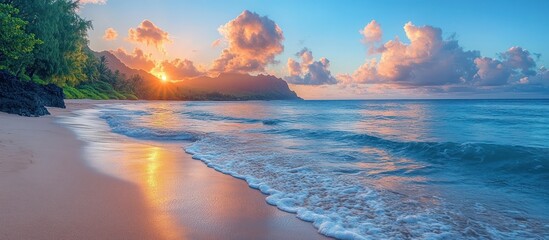 Tropical beach sunset with waves gently lapping the shore.