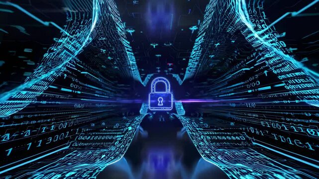 Binary streams encircle protective padlock. Neon-illuminated security icon stands guard within digital matrix environment. Forward-moving camera trajectory.