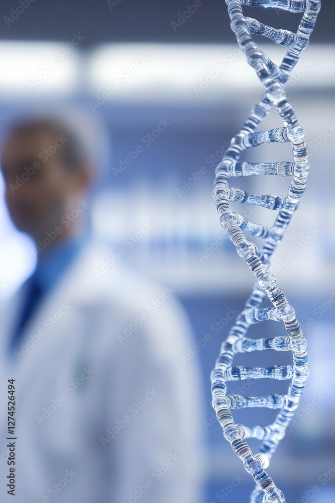 Poster scientist observing dna structure in laboratory setting