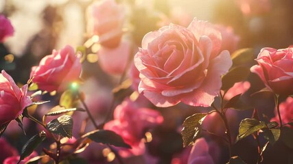 Close-up video of blooming pink roses in soft sunlight, captured at a low angle, creating a dreamy, romantic atmosphere with gentle bokeh effects.