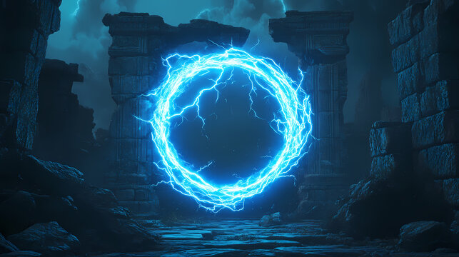 Mystical ancient ruins a glowing electric blue lightning round frame embedded in ancient stone ruins, with a swirling plasma portal at its core. Neon Futuristic Ruins. Illustration