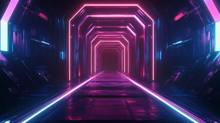 Fototapeta premium Neon glowing path, futuristic gateway - cyberpunk aesthetics. Neon Futuristic Ruins. Illustration