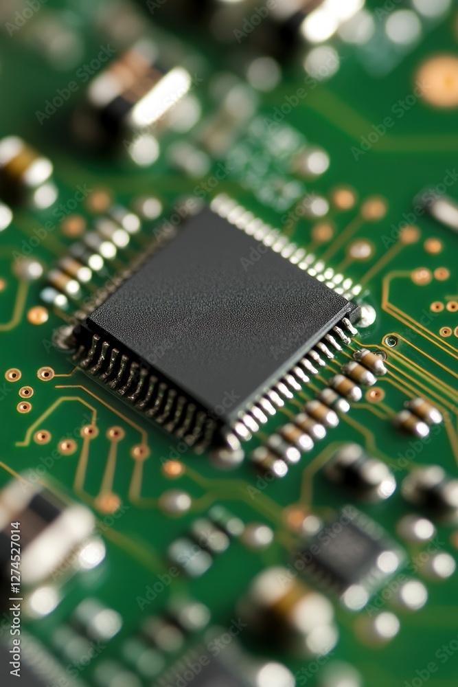 Poster close-up of a microchip on a green circuit board