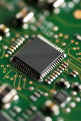 Close-up of a microchip on a green circuit board