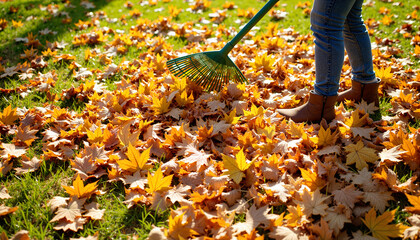 Person raking vibrant maple leaves in suburban garden, autumn bliss