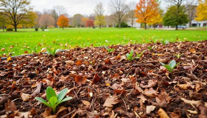 New plants sprouting in autumn garden bed, nurturing growth