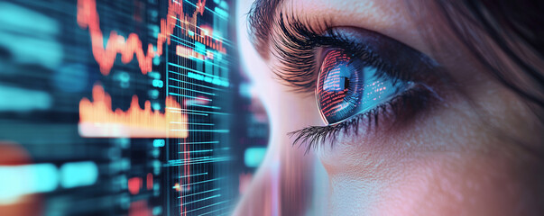 Close-up view of an eye looking at digital financial data.