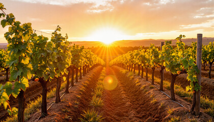 Vineyard sunset illuminating soil preparation, nature's bounty