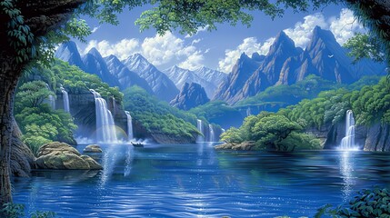 Journey through a tunnel to a dreamlike realm of floating islands and cascading waterfalls