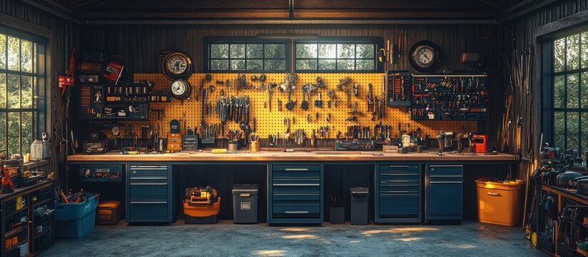 Well-organized workshop with tools, workbench, and storage cabinets in a garage.