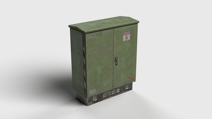green high voltage power box with warning