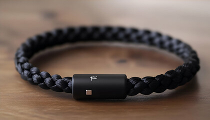 Black braided wristband on wooden surface