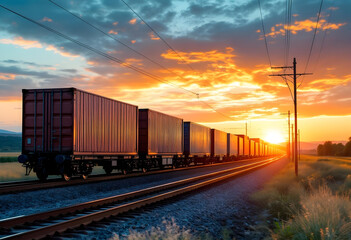Fototapeta premium A long freight train carrying shipping containers moves along railway tracks at sunset, symbolizing the logistics and global trade concept. The warm lighting enhances the theme of transportation.