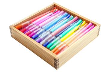 Colorful collection of markers organized neatly in a wooden box ready for creative projects isolated on transparent background