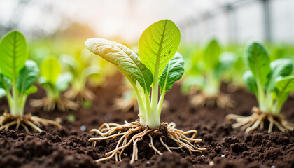 Vibrant spinach seedlings growing in moist soil, nature's renewal