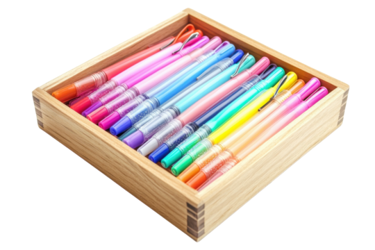 Colorful collection of markers organized neatly in a wooden box ready for creative projects isolated on transparent background