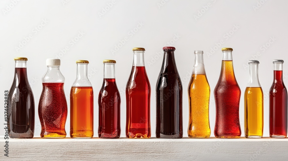 Poster assorted glass bottles filled with various beverages arranged on a shelf against a light background