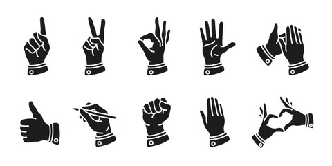 Obraz premium Hand gesture icon set. Communication and body language vector illustration. Collection of different hand signs including pointing, thumbs up, fist and clapping. Expression and agreement symbols.