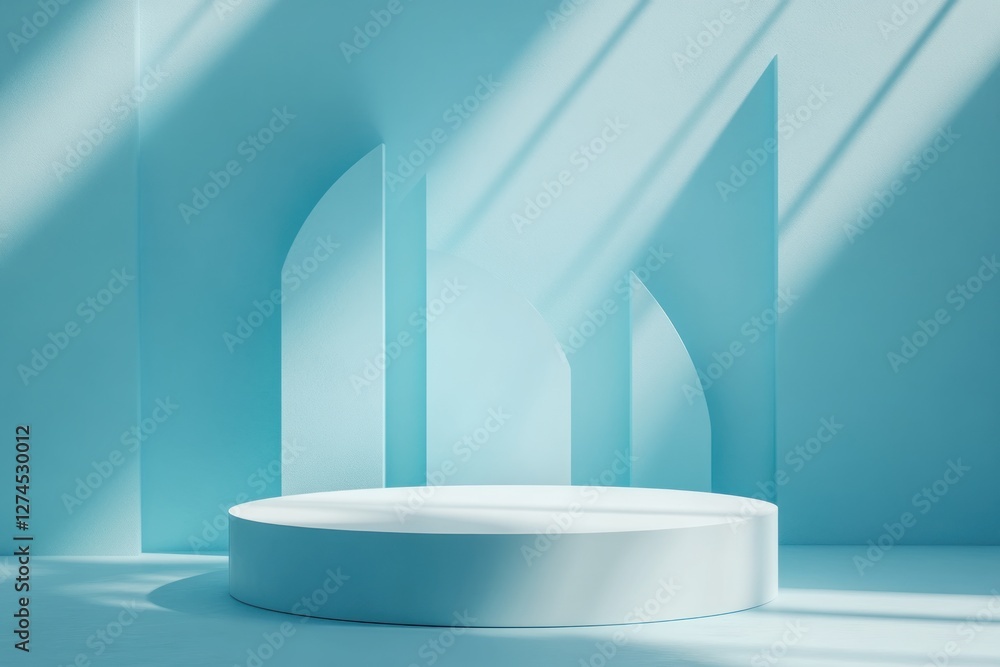 Poster a serene blue studio space featuring a circular platform surrounded by soft shadows and geometric sh