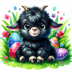 Cute Easter scene with black baby goat and Easter Eggs