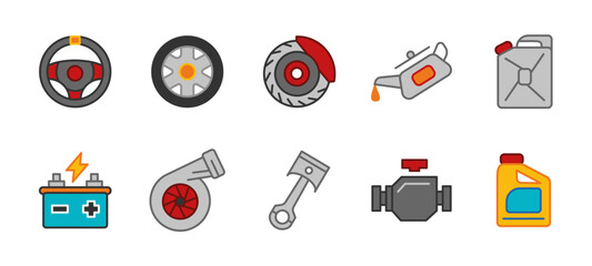 Car part icon set colored. Automotive repair and maintenance vector illustration colorful. Collection of engine components, wheels, battery, turbo and brake disc. Fuel and oil container symbols.