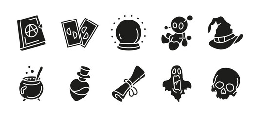 Magic icon set black. Mystical and occult vector illustration. Collection of spell book, crystal ball, potion, tarot cards and witch hat. Symbols of wizardry, ghost, skull and alchemy silhouette.