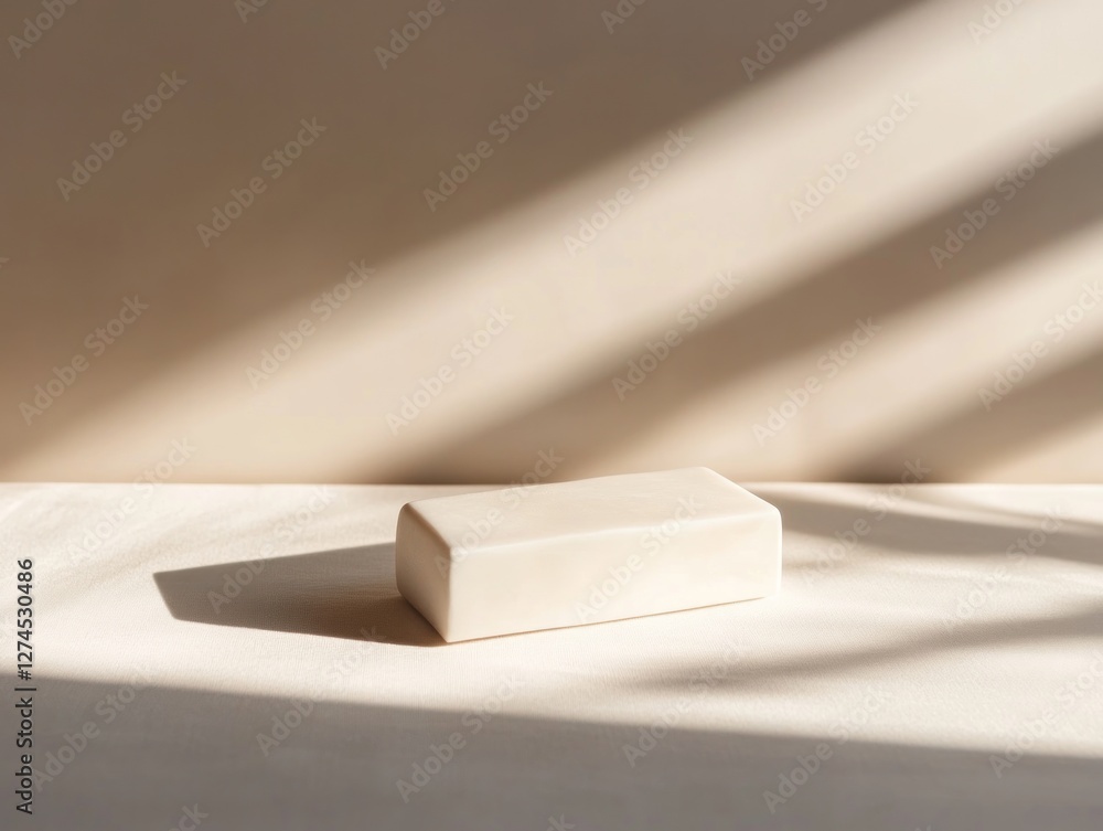 Poster minimalistic white soap bar on soft surface with shadows