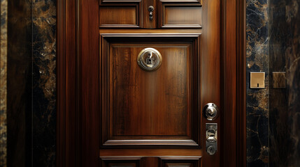 Luxurious high-gloss wooden door with chrome lock, exuding modern elegance for a sophisticated entryway