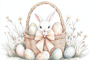Easter basket decorated with flowers and a bow, inside a white bunny, around on the grass colored Easter eggs