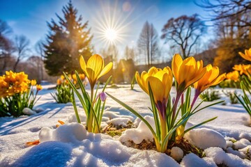 Crocuses yellow grow in the garden under the snow on a spring sunny day.