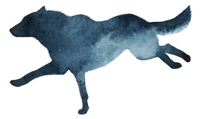 Watercolor illustration of the silhouette of a running wolf on a transparent background

