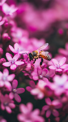 Fototapeta premium Honey bee gathering pollen from pink blossoms, highlighting pollination process during vibrant spring season