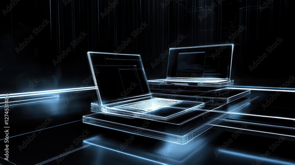 Poster two laptops displayed in a futuristic digital setting