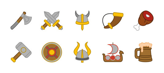 Medieval warrior icon set colored. Viking and ancient warrior vector illustration. Includes helmet, axe, shield, sword, battle horn, ship, hammer and beer mug. Nordic history armor symbols colorful.