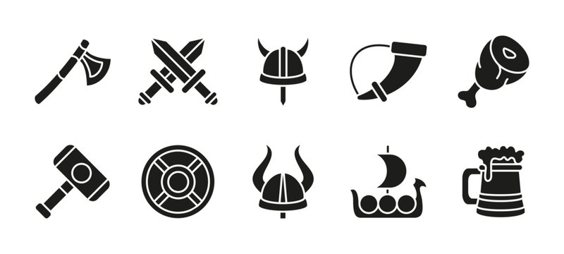 Medieval warrior icon set black. Viking and ancient warrior vector illustration. Includes helmet, axe, shield, sword, battle horn, ship, hammer and beer mug. Nordic history armor symbols silhouette.