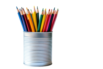 A vibrant collection of colored pencils in a tin can resting on a minimalist table isolated on transparent background