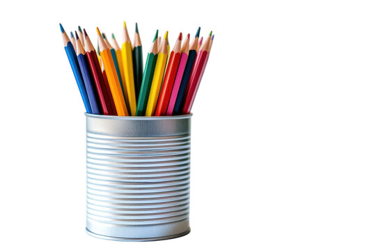 A vibrant collection of colored pencils in a tin can resting on a minimalist table isolated on transparent background