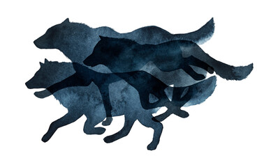 Watercolor silhouette of a pack of running wolves on a transparent background