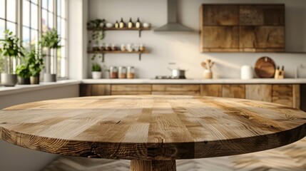 Clean kitchen interior with a round wood countertop, perfect for product montages or banners