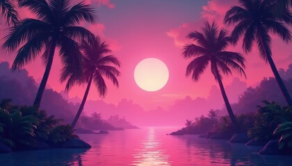 Neon tropical landscape illustration in retro style. Palm trees, sun, sea reflecting clouds glow in pink, purple colors. Dreamy nostalgic scene for summer vacation mood. Night club, travel poster