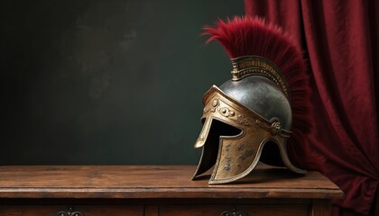 Well preserved ancient Roman soldier helmet on wooden desk. Historical artifact offers glimpse into rich military past of Rome. Plume, bronze ornaments. Copy space for text addition.