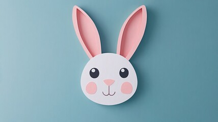 Fototapeta premium Cute bunny face wall decoration with pink ears on light blue background and copy space