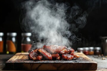A detailed view of succulent, expertly prepared barbecue pork ribs with a perfect blend of seasoning, awaiting to be savored