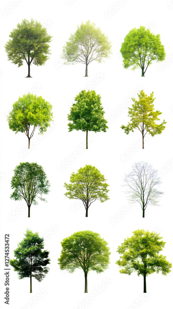 Poster nine trees isolated on white background representing different seasons and species, perfect for envi