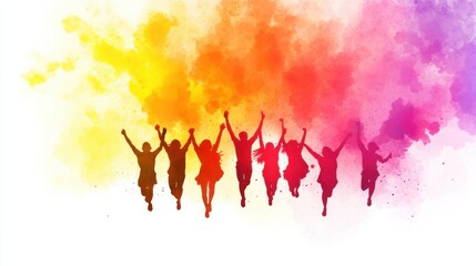 Colorful Celebration: A Watercolor Silhouette of Joyful People Leaping into a Rainbow of Hues