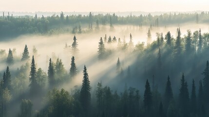 Rideaux Misty Morning Sunlight Through Evergreen Forest