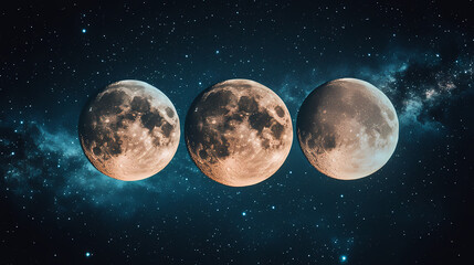 Three majestic moons are arranged in a captivating formation, glowing against the night sky. Galactic Optical Illusions. Illustration