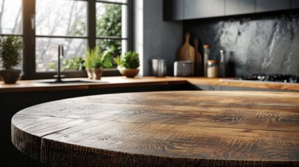 Clean kitchen interior with a round wood countertop, perfect for product montages or banners