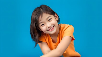 Asian girl smiling Close-up background blue